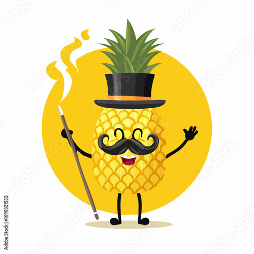 A charming and whimsical cartoon pineapple magician character wearing a top hat and mustache, holding a magic wand against a yellow circle