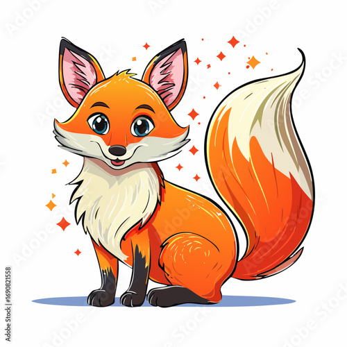 Adorable cartoon fox illustration with bright orange fur, fluffy white accents, and a friendly, expressive smile, subtly enhanced by sparkling details