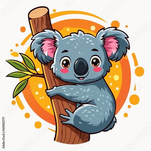 A charming and adorable cartoon koala clings to a tree, featuring a playful and vibrant design perfect for children's illustrations or mascots