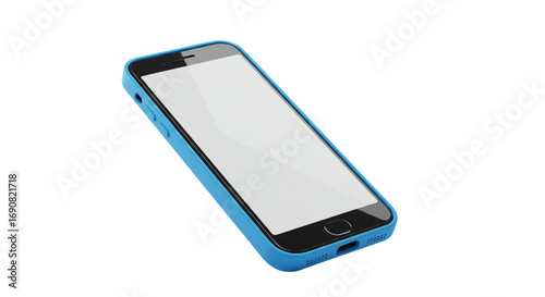 Realistic 3D render of a modern smartphone with a blank white screen and a vibrant blue case, perfect for app mockups and technology designs. Isolated on a transparent background.