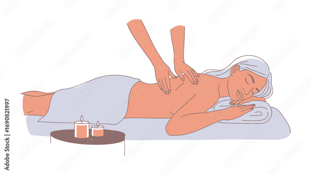 Obraz premium Woman receiving a relaxing bamboo massage therapy treatment with candles in a tranquil spa setting for wellness and rejuvenation