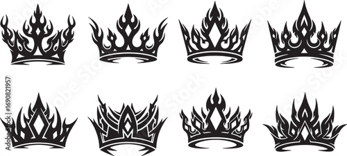 Vector collection of stylized royal crowns, featuring intricate flame and tribal motifs in a powerful black and white aesthetic, ideal for majestic emblems and graphic design projects