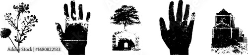 Grunge black and white silhouette set featuring hands, nature, and architecture
