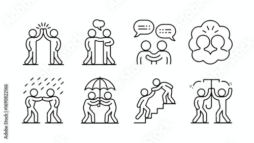 Sympathy and friendship icon set. Thin line editable stroke icons for connection, emotional support, teamwork, communication, relationships, trust, and social interaction.