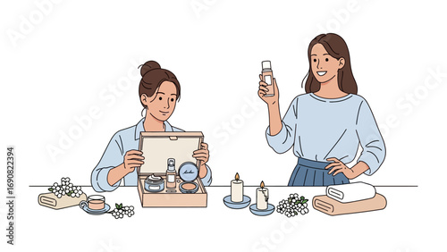 Two women are examining a product in a box and a bottle of liquid surrounded by lab equipment and natural ingredients illustrating a science or beauty concept