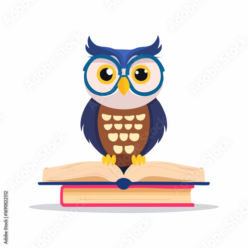 A charming and intelligent cartoon owl, wearing stylish glasses, sits thoughtfully atop an open book, symbolizing wisdom, learning, and academic pursuits in a whimsical and educational illustration