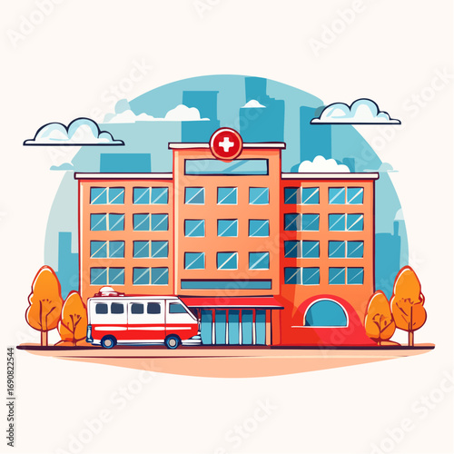 City hospital building with an emergency ambulance parked in front, a flat vector illustration for healthcare, medicine, and wellness concepts
