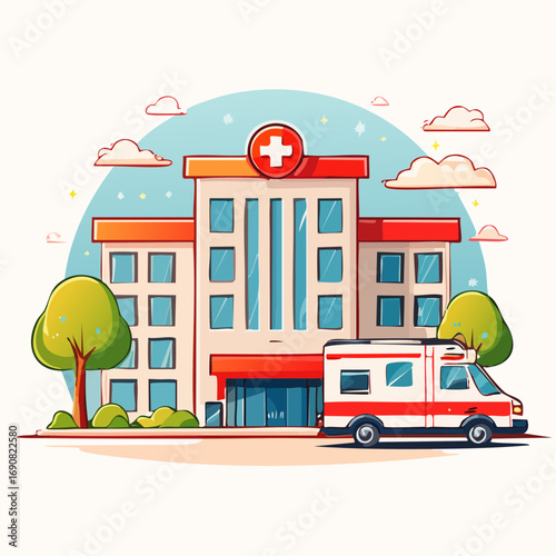 Modern healthcare facility illustration depicting a hospital building with an ambulance, symbolizing emergency medical services and patient care in a welcoming environment
