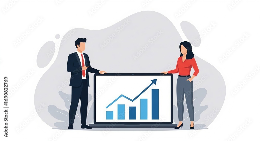 Fototapeta premium Man and woman showing a laptop with a growing financial graph isolated on white background