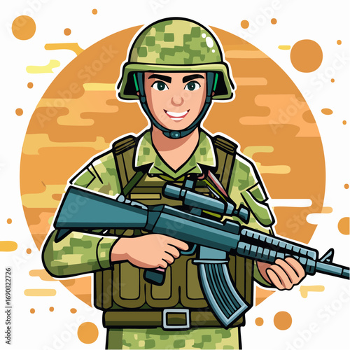 Smiling male soldier in military uniform illustration, wearing a helmet and holding a rifle. A brave and friendly character portrait against an abstract background