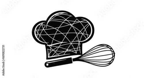 Creative chef's hat and whisk symbolize culinary artistry and professional cooking.