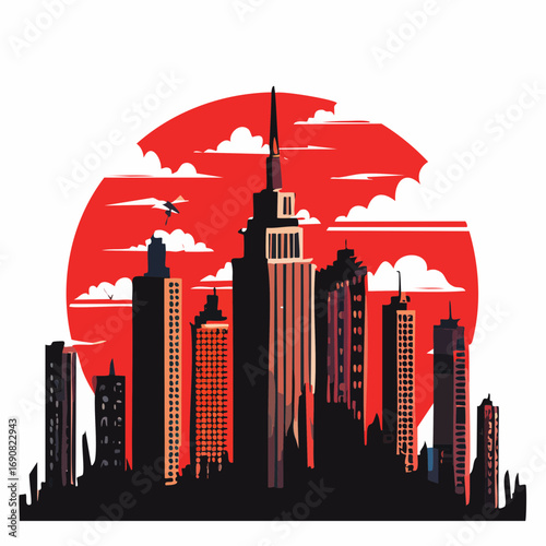 Vibrant Cityscape Illustration Featuring Tall Buildings Against a Dramatic Red Sun and Sky