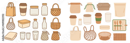 Collection of zero waste items including reusable bags, coffee cups, glass jars, and food containers for a sustainable lifestyle