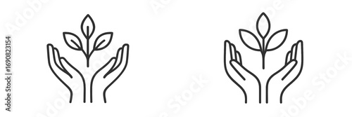 Minimalist line art of cupped hands protecting a growing plant sprout as a symbol for nature conservation and sustainability