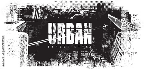 Abstract grunge vector banner with word Urban on the theme of urbanism and street art against the background of the architecture of a big city, newspaper clippings.T-shirt design, poster. No AI used