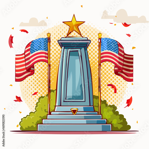 Patriotic tribute illustration featuring a national monument with American flags for a celebratory event