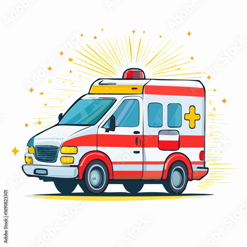 Stylized emergency ambulance illustration isolated on a white background, representing rapid healthcare and life-saving rescue services