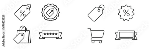 E-commerce and online shopping line icon collection featuring price tags, discounts, shopping carts, and rating symbols for web and mobile apps