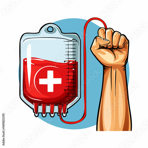 Conceptual illustration of blood donation with a raised fist, symbolizing solidarity, charity, and life-saving support in healthcare