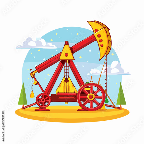 Colorful cartoon illustration of a derrick pumpjack working in an oilfield for fossil fuel energy production and extraction