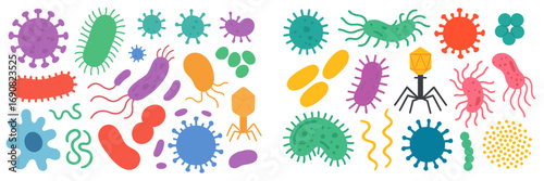 Large collection of colorful cartoon microbes, germs, and bacteria cells showing different types of microorganisms for science and medical concepts
