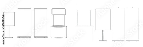 Collection of blank exhibition display stands including roll-up banners and promotion counters for advertising mockups