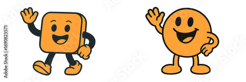 Retro cartoon mascot characters with geometric shapes waving hello. Happy and friendly square and circle figures with smiling faces in a vintage comic style