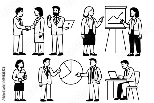 Collection of business people characters in office situations including presentation, meeting, and teamwork shown in a simple black and white doodle style
