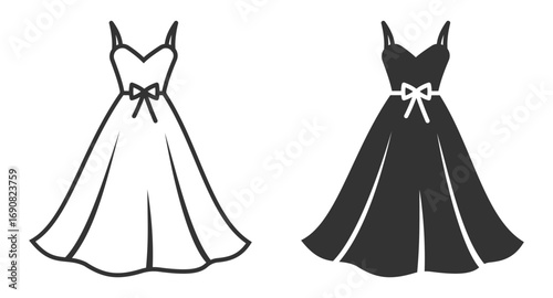 Two dresses, one black and one white. The black dress is more formal than the white dress. vector.