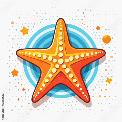 Vibrant and cheerful cartoon starfish illustration on a decorative background with blue circles and stars, representing summer and sea life