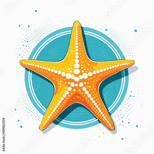 A vibrant yellow and orange starfish illustration with a dotted texture, set against a circular blue background for a modern sea life concept