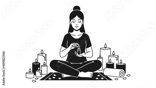 Woman meditating in lotus pose surrounded by lit candles on a mat practicing mindfulness and self care in a serene spiritual ritual
