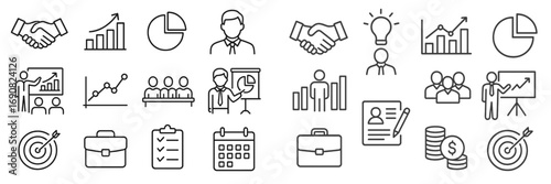 Set of business and finance line icons for corporate presentations and marketing materials including handshake, growth chart, and team symbols