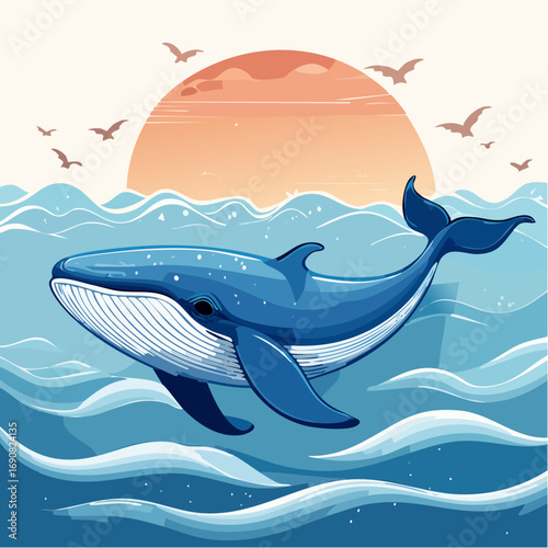 The serene journey of a majestic blue whale gliding through ocean waves under a vibrant sunset
