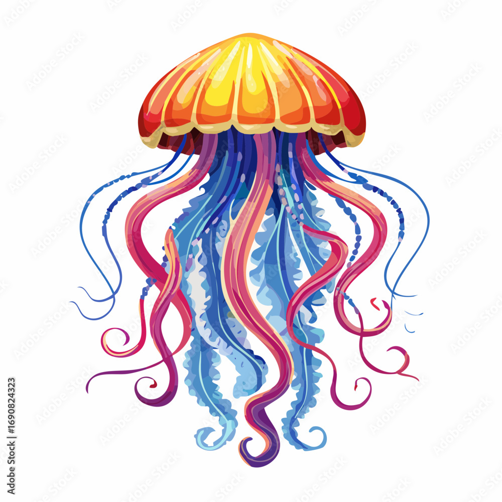 Fototapeta premium Beautifully detailed illustration of a majestic jellyfish with a vibrant orange bell and flowing, ornate blue and pink tentacles