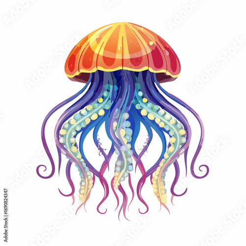 Vibrant deep sea fantasy jellyfish with glowing tentacles and a shiny orange bell, a beautiful underwater creature illustration