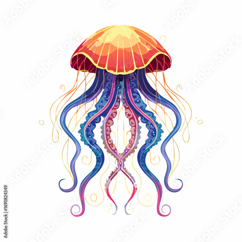 A vibrant and decorative jellyfish illustration featuring elegant, surreal tentacles with intricate filigree patterns against a clean white background