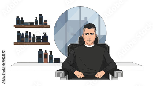 Modern man with stylish haircut sits in barber chair reflecting in oval mirror surrounded by salon products