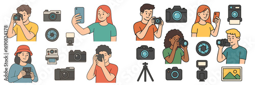 Set of diverse people taking photos with different cameras and photography equipment icons like lens, flash, and tripod