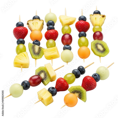 Colorful fruit skewers isolated on transparent background