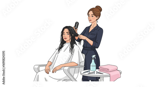 Young woman with long dark curly hair getting her hair styled by a professional hairdresser in a salon with styling tools and products