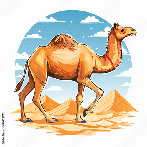 A colorful graphic illustration of a majestic dromedary camel walking across golden sand dunes in a vast desert landscape