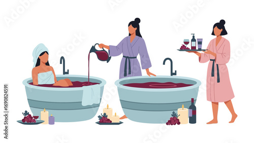 Three women enjoying a luxurious spa experience with wine baths aromatherapy and attentive service in a serene and relaxing environment