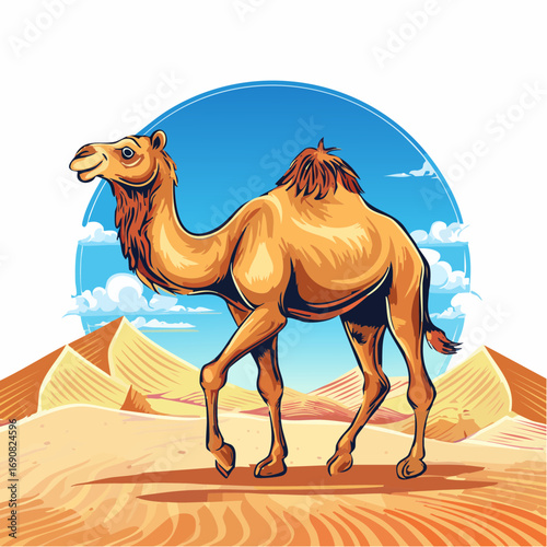 A stylized vector illustration of a majestic dromedary camel journeying across a sunlit desert with rolling sand dunes under a bright blue sky