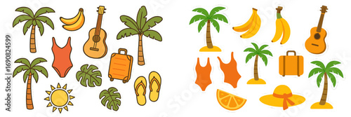 Colorful collection of summer vacation stickers featuring a palm tree, swimsuit, suitcase, and tropical fruit for travel and beach-themed projects