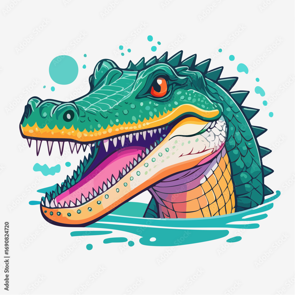 Obraz premium Dynamic illustration of a fierce cartoon alligator head with its mouth wide open. This vibrant and stylized reptile mascot is emerging from splashing water