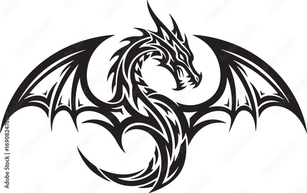 Obraz premium Intricate Dragon Design A Detailed Monochrome Illustration with Wing Span and Ornamental Body