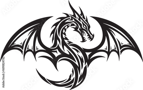 Intricate Dragon Design A Detailed Monochrome Illustration with Wing Span and Ornamental Body