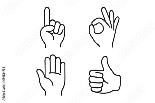 Set of hand gesture line icons including pointing finger, ok sign, stop palm, and thumbs up symbol for communication