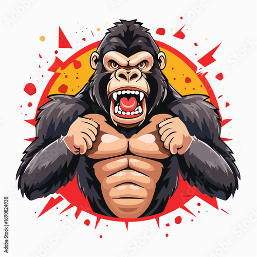 Dynamic illustration of an aggressive gorilla roaring, displaying immense strength and a muscular build on a vibrant, explosive background, embodying untamed power